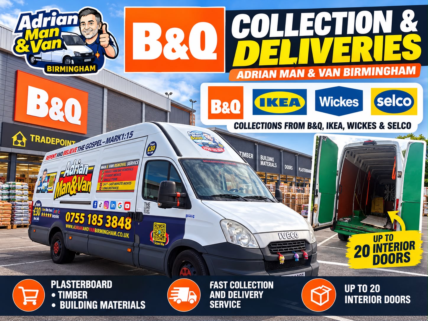 Adrian Man and Van B&Q collections and deliveries promotional poster with an Iveco Daily van