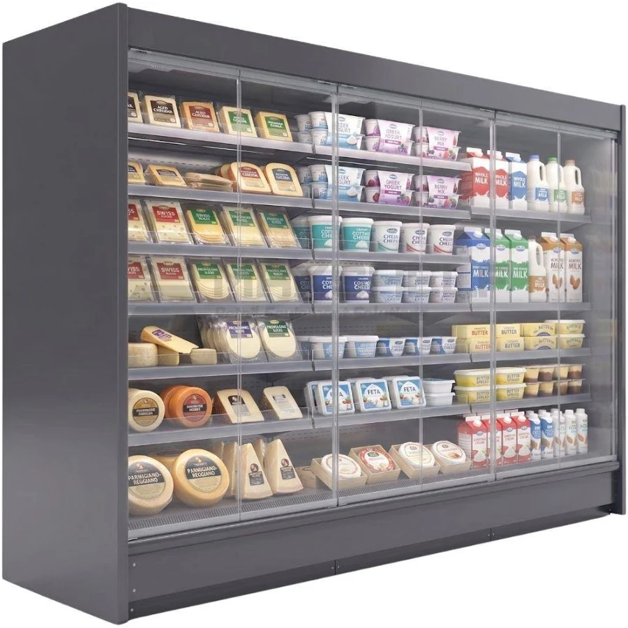 Large glass-fronted commercial dairy display fridge